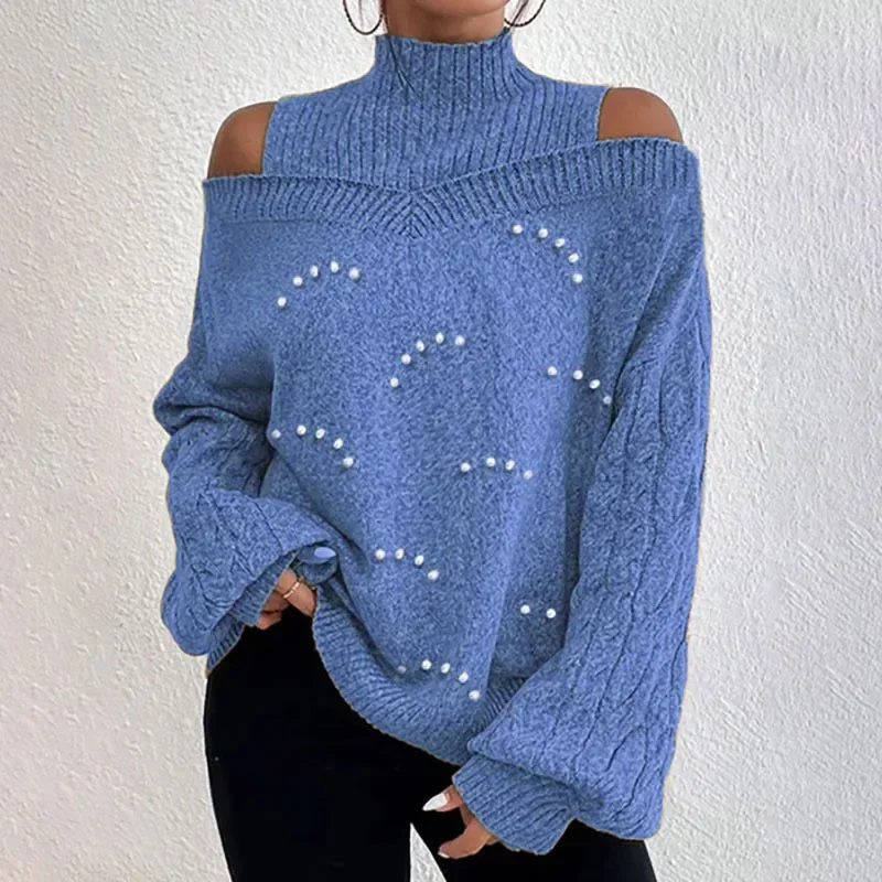 Solid Color Beaded Pullover Knit Sweater, Women's Loose Lantern Long-sleeved Half-turtleneck Casual Knit Sweater, Autumn Winter