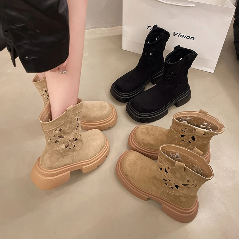 2024 New Cow Suede Leather Western Mid Calf Boots Women Round Toe Block Heels Autumn Winter Ankle Boots Ladies Shoes D102