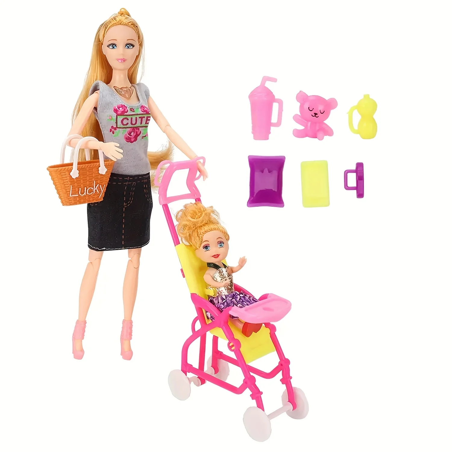 Spielhaus Puppenwagen Schaukelstuhl Zubehör Haustierset Niedliches Mini-Spielzeugset Puppenhauszubehör