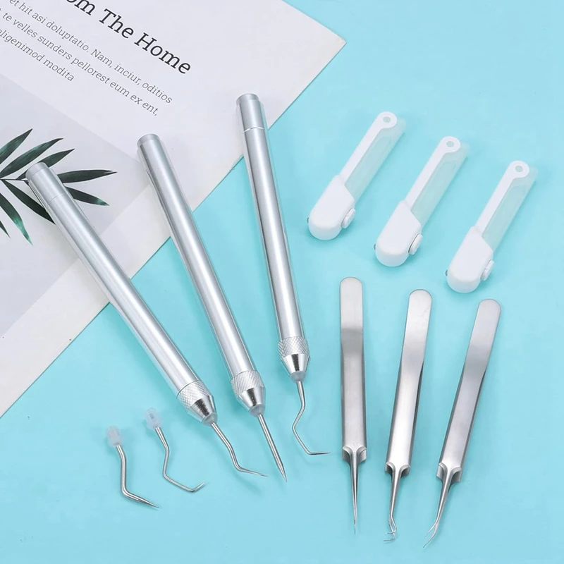 6 Pcs LED Weeding Tools Set For Vinyl, 3 Led Pen With 5 Pin And Hook, With Light Weeding Hook Tweezers, Durable (Silver)