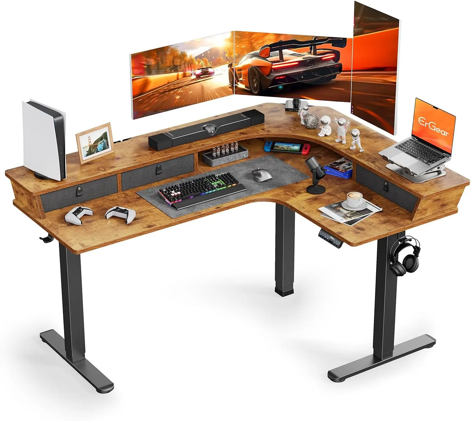 ErGear 65″ L Shaped Standing Desk for Gaming, [3 Drawers & 2 Cable Management Trays] Corner Stand up Desk w/Monitor Shelf Height