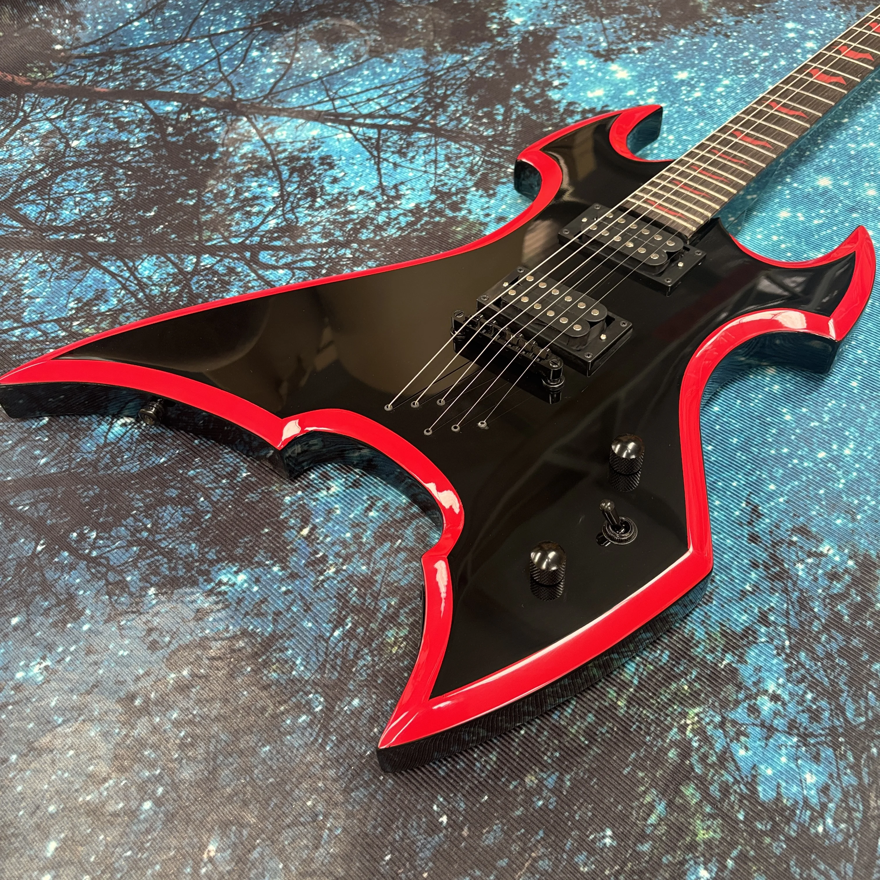 Red-bound electric guitar, rosewood fingerboard guitar with red bat/claw inlay guitars, through-neck electric guitarra view 2