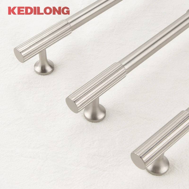 KEDLO European Light Luxury Solid Brass Long Handle Vertical Pattern Vintage Knob Cabinet Drawer Nickel Brushed Handle