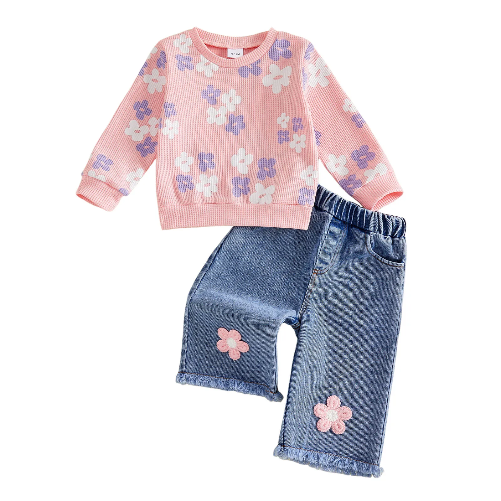 2 Pcs Toddler Girl Outfit Long Sleeve Crew Neck Sweatshirt and Denim Pants