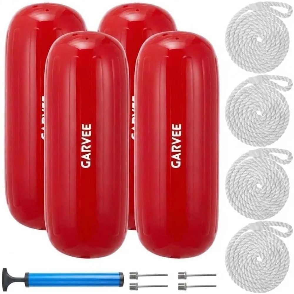 Garvee Hochleistungs-Schlauchboot-Fender 10x28 Zoll, 4er-Pack, UV-beständige PVC-Marine-Dockfender mit geripptem Mittelloch, Komplettset mit Verbindungsseilen & Handpumpe für Ponton-, Segelboot- und