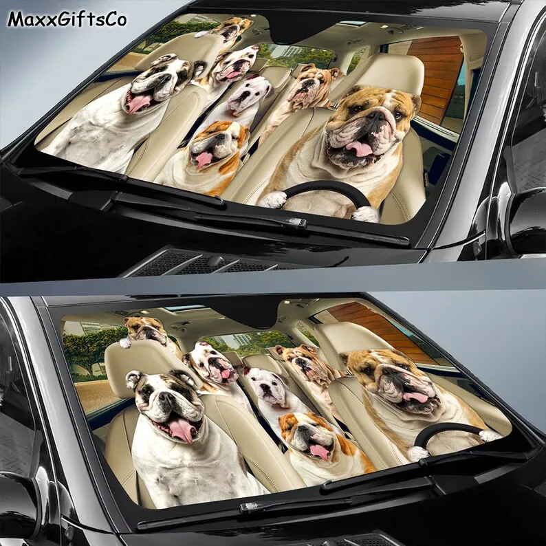 English Bulldog Car Sun Shade, English Bulldog Windshield, Dogs Family Sunshade, Dogs Car Accessories, Car Decoration, Gift For