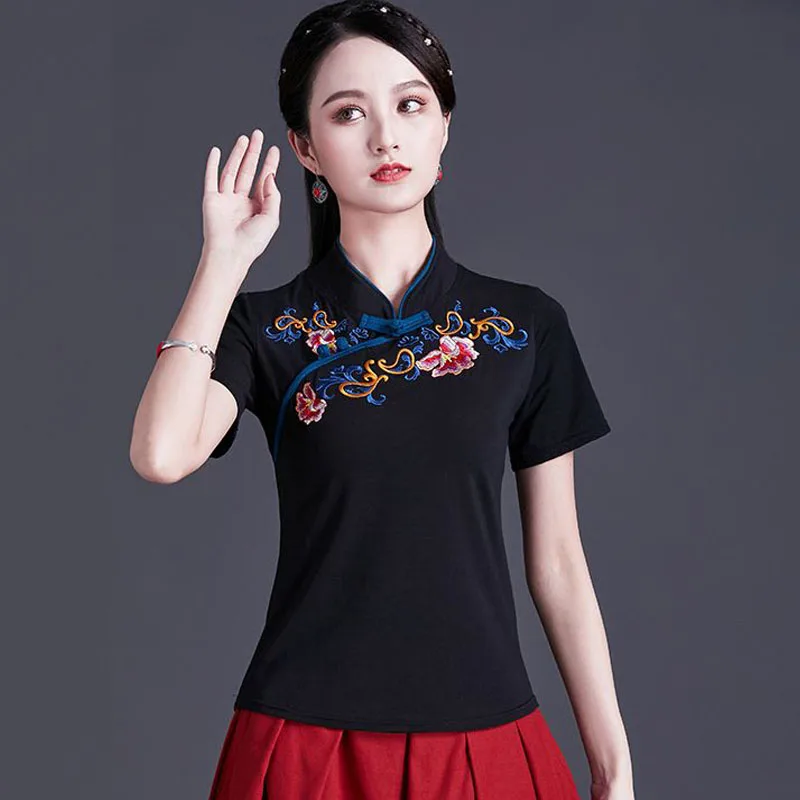 Cheongsam Women Plus Size Tops 2024 Summer Cotton Blend Embroidery Splicing Stand Collar Short Sleeve Chinese Style Qipao Shirts