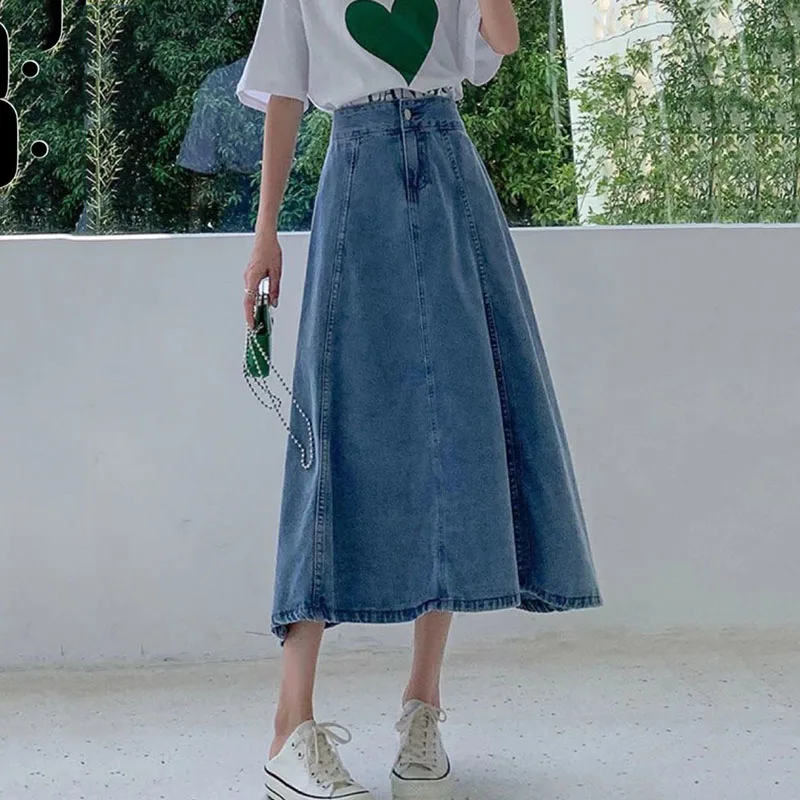 

Women's A-Line Denim Skirt, Loose Casual Jeans Skirts, Korean High Waist, Sexy Split, Classic Vintage Skirts, 5XL, Spring, Autum