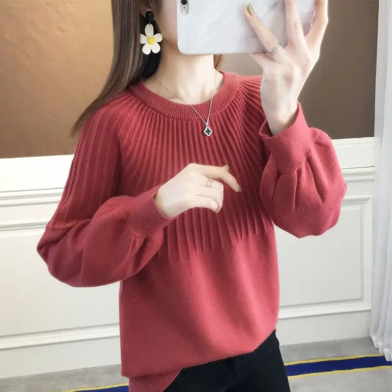 Autumn Winter Lantern Long Sleeve Round Neck Women\'s Clothing Solid Color Pullover Sweater Knitted Elegant Fashionable Tops