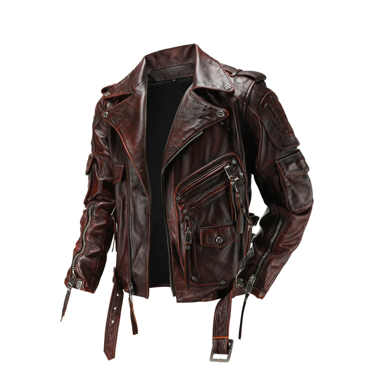 Top Layer Cowhide Leather Jacket Retro Brown Calfskin Motorcycle Suit Men's Slim Heavy Industry Leather Motorcycle Riding Jacket