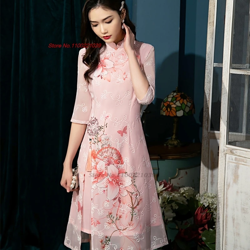 2025 vietnam aodai dress traditional chinese vintage qipao flower print dress improved cheongsam oriental chiffon a-line dress