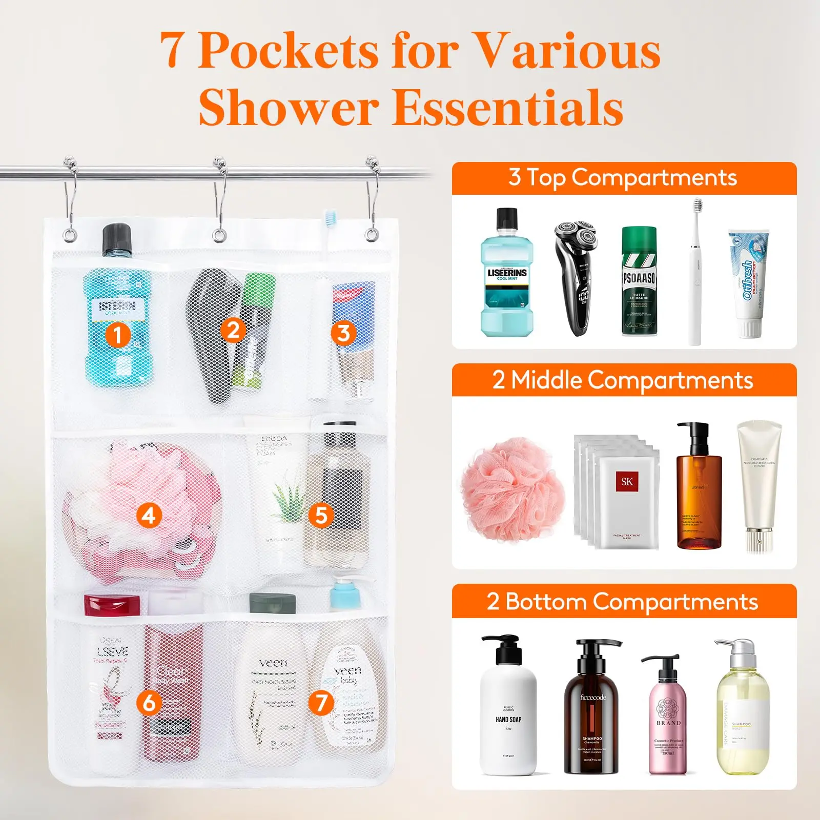 Mesh Shower Organizer Hanging Shower Curtain Liner Pockets Hanging Shower Organizer Bathroom Organizer with Shower Curtain Hooks