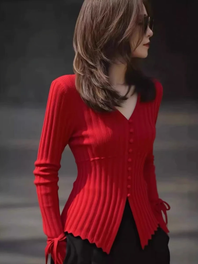 Y2K موضة الأحمر متماسكة الخصر سليم صالح المرأة الخريف الشتاء الراقية أنيقة شيك الشباب سترة أنيقة عادية شيك سترة #3