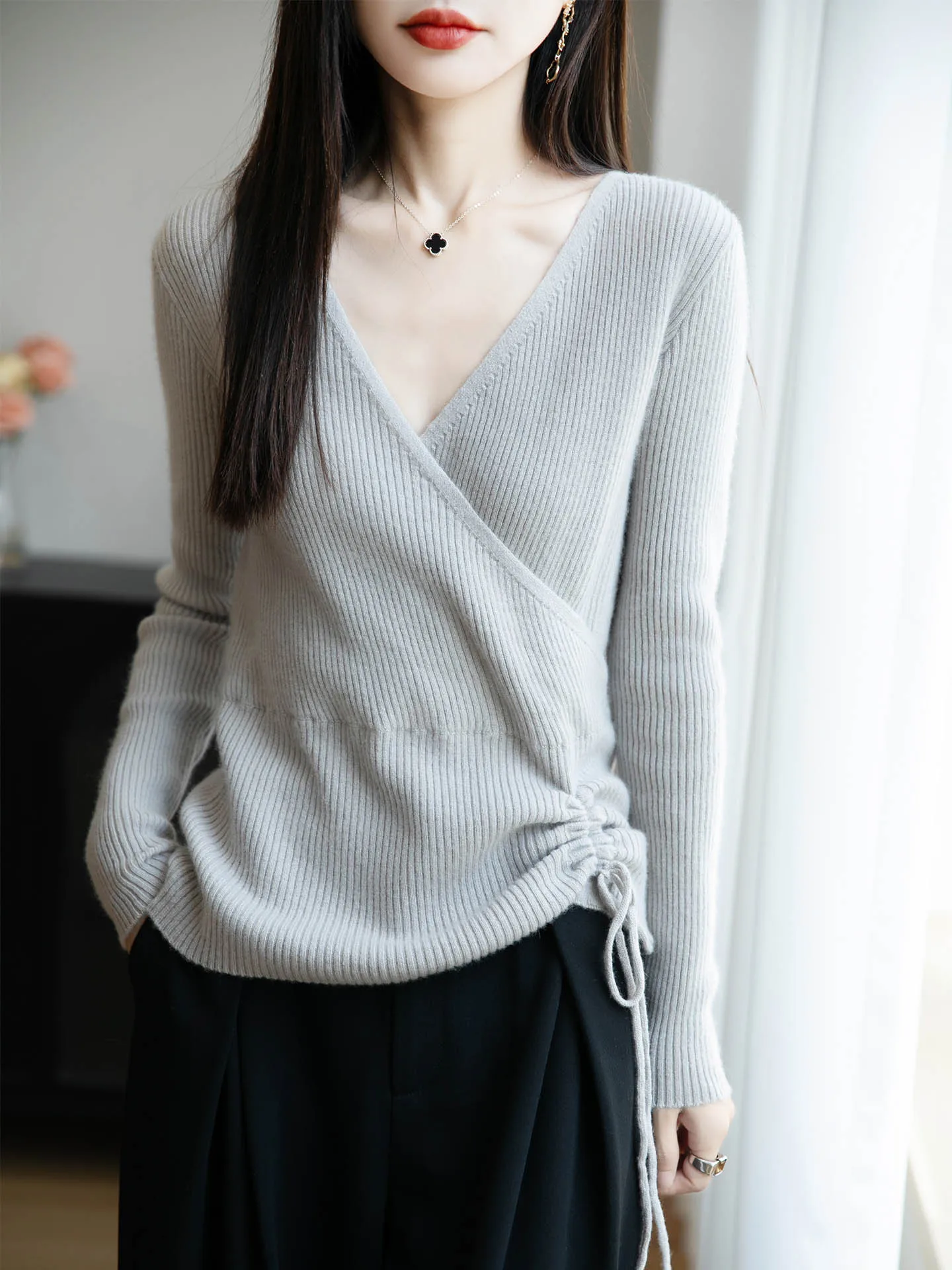 Winter Bloom 100% Merino Wool Women Wrap V Neck Sweater Drawstring Slim Knit Pullover Warm Elegant Autumn Winter Knitwear