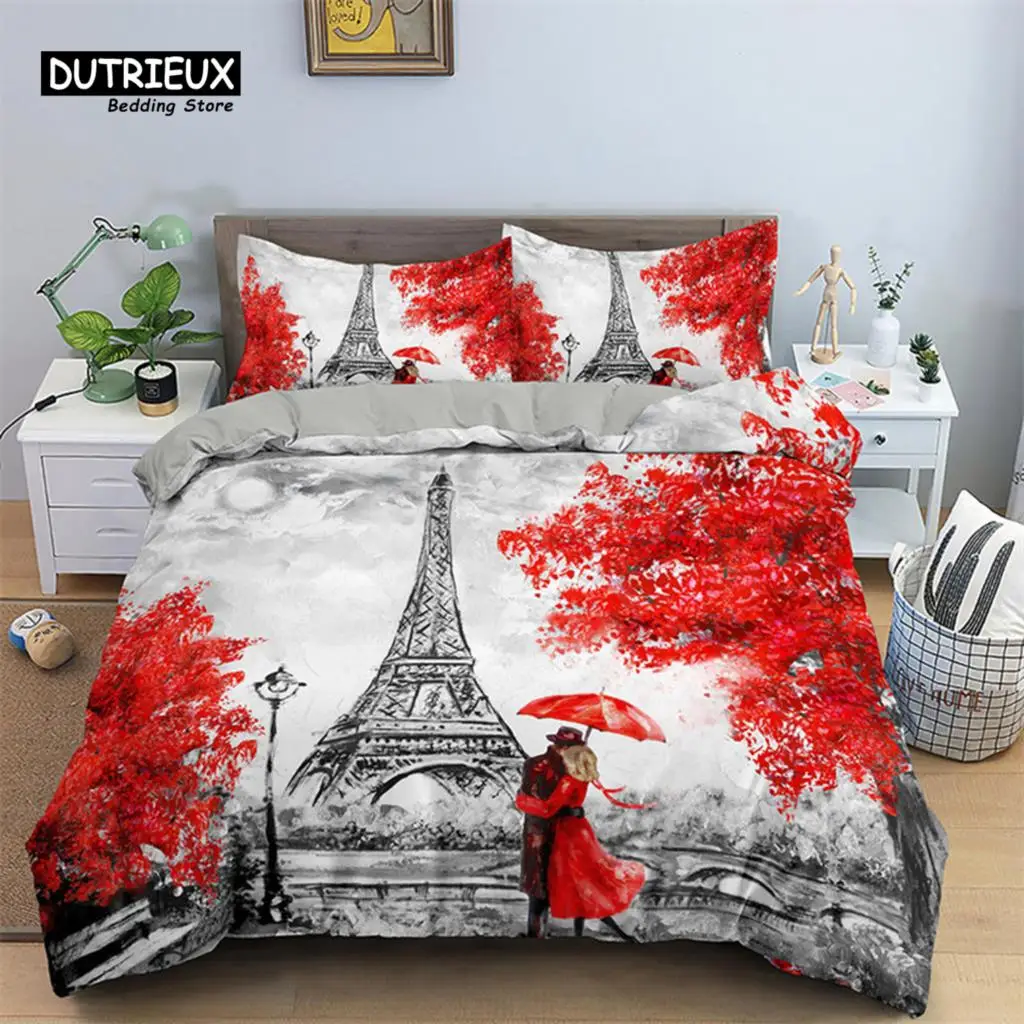 

Paris Eiffel Tower King Duvet Cover Romantic Theme Sweet Couple Bedding Set Microfiber Red Flowers Comforter Cover For Girl Teen