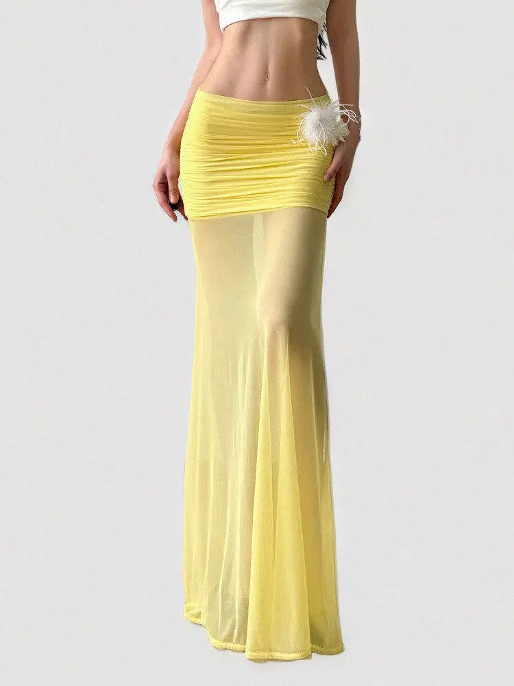 Funoff Southeast Asian Style Half Skirt with Fish Tail Netting Floral 3D Beach Holiday Long Gown Low Waist Bodycon Summer 2025