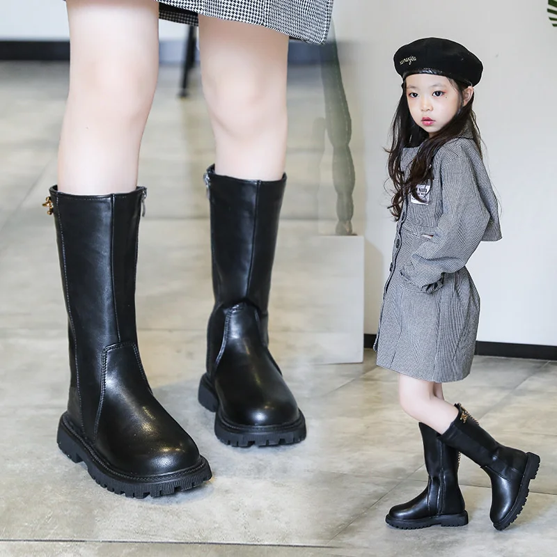 Winter Girl's Long Boots Black Pu Leather Platform Plush Trendy Children Boot Zipper Knee-high Handsome Stylish Kids Shoes