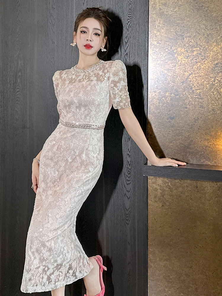 Abito da sera formale di lusso squisito da donna Lady Elegante pizzo trasparente con paillettes ricamato Abito dolce Festa di compleanno Abiti da ballo