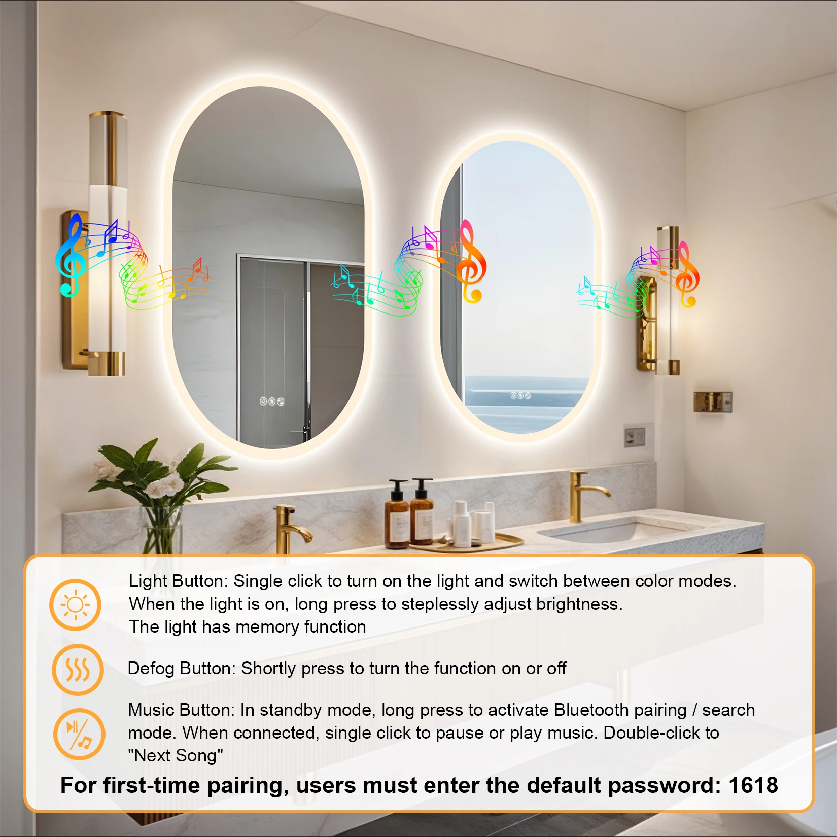 Led Bathroom Mirror 900x600mm Oval Illuminated Wall Vanity Mirror w Bluetooth, 3 Colors Change, Temperature, Defogging Functions