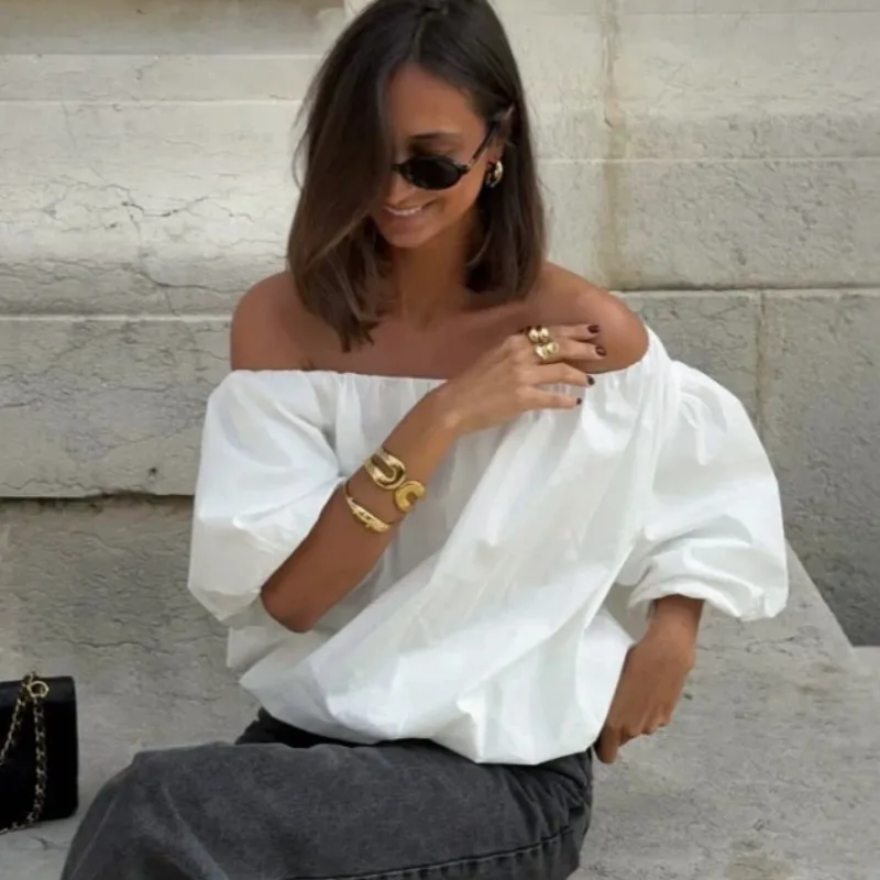 FL Women 2026 Summer New Hot Selling Commute White Off Shoulder Puff Sleeve Top Loose Cotton Pullover Shirt Fashion Trendy Chic