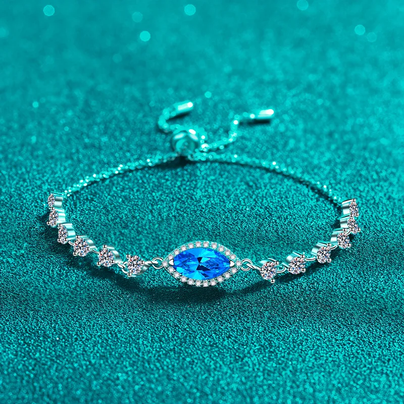Women's PT950 Platinum Bracelet, Royal Blue Marquise 1ct Moissanite Bracelet, Stretch Adjustable, Minimalist & Stylish