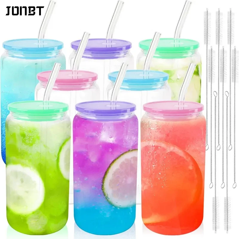 

2/4PCS 16oz Clear Glass Straw Cup with Colorful Lids Reusable Drinkware Glasses Iced Coffee Tumblers Drinks Tea Milk Coffee Mug