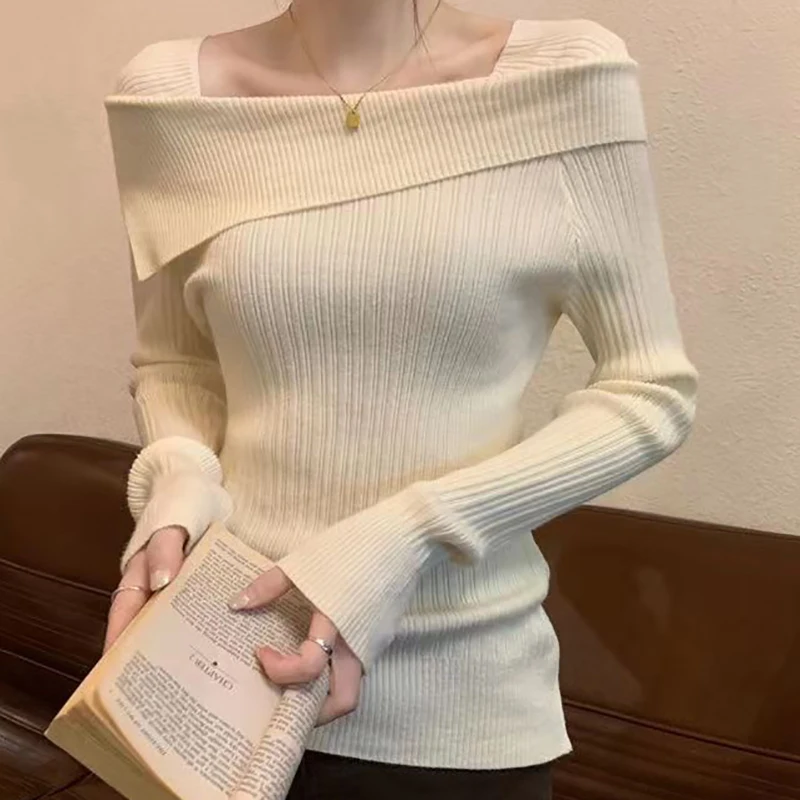 ITOOLIN Autumn Winter Women Slash Neck Long Sleeve Slim Knitwear Jumpers Off Shoulder Knit Sweater For Women Office Sweater 2023