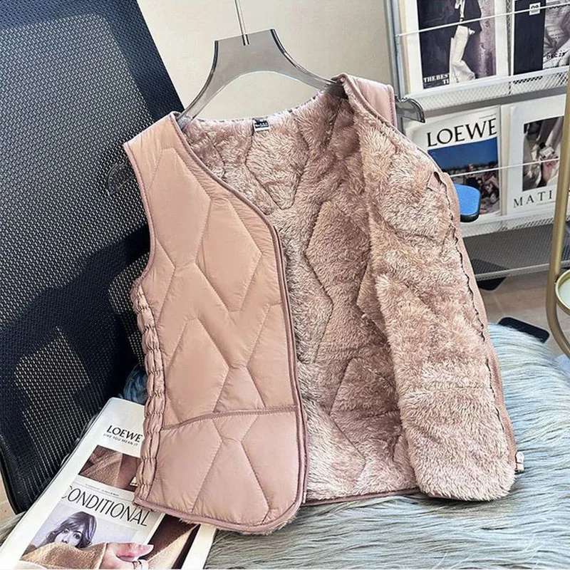 Women Lightweight Down Cotton-padded Vest 2026 Autumn Winter Fleece Waistcoat Top Bottom Short Zipper-up Slim Sleeveless Jackets
