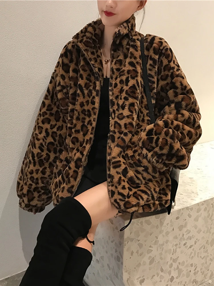 Casaco de pele sintética com estampa leopardo feminino, parkas quentes, outwear coreano, casacos soltos femininos, gola alta, outono, inverno, novo, 2022