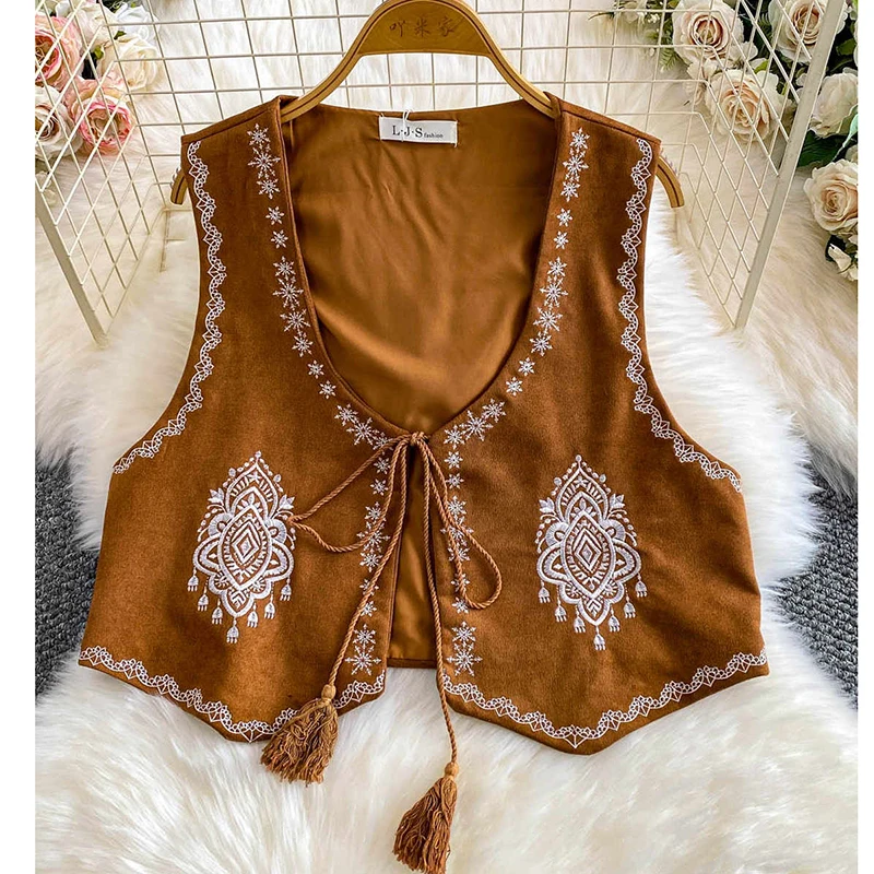 

Весенне-осенний жилет без рукавов в этническом стиле в стиле ретро, женский новый свободный шикарный кардиган с v-образным вырезом и вышивкой, женский топ D71