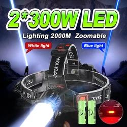 Newest 2*300W LED Rechargeable LED Headlamp Powerful Head Lamp Blue Light High Power Headlight Head Flashlight Fishing Lamtern