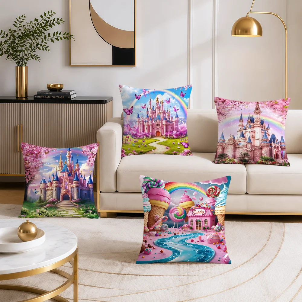 Castle Scenery Fairytale Kid Rainbow Candy Cushion Cover Soft Pillowcase Sofa Living Room Home Decor Party Hogar Pillowcover