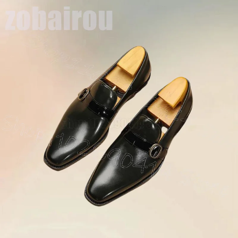 

Black Buckle Decor Square Toe Men Loafers Fashion Slip On Men Shoes Luxury Handmade Party Banquet Dating Office Men Dress Shoes