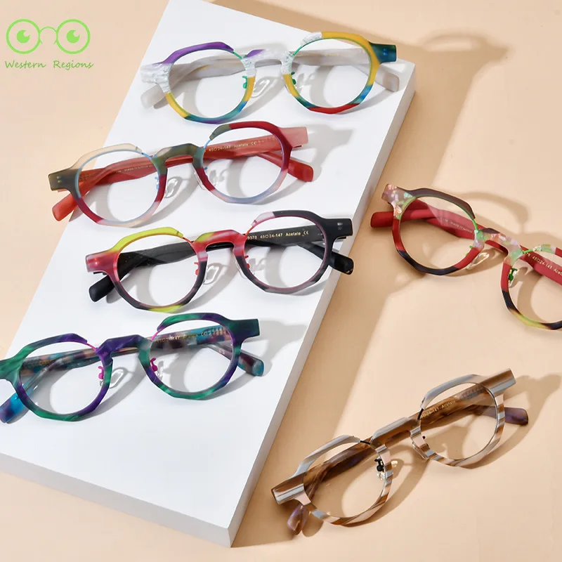 

Новые высококачественные женские очки-«кошачий глаз» из ацетата с пэчворком, мужские ретро-круглые очки ручной работы, модные персонализированные повседневные оправы для очков