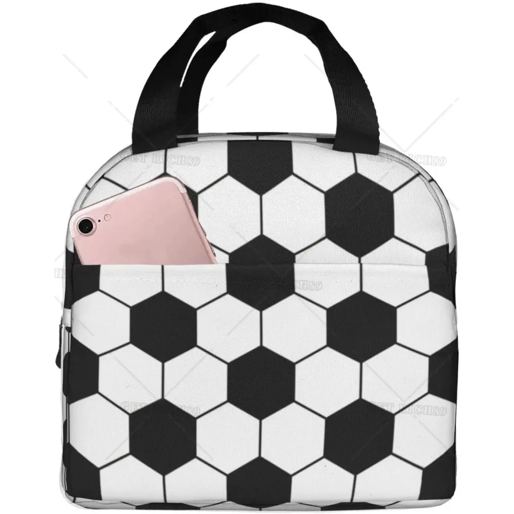 Black and White Soccer Ball Skin Lunch Bag for Kids Insulated Sport Theme Tote Bag Reusable Lunch Box Food Carrying Handbag