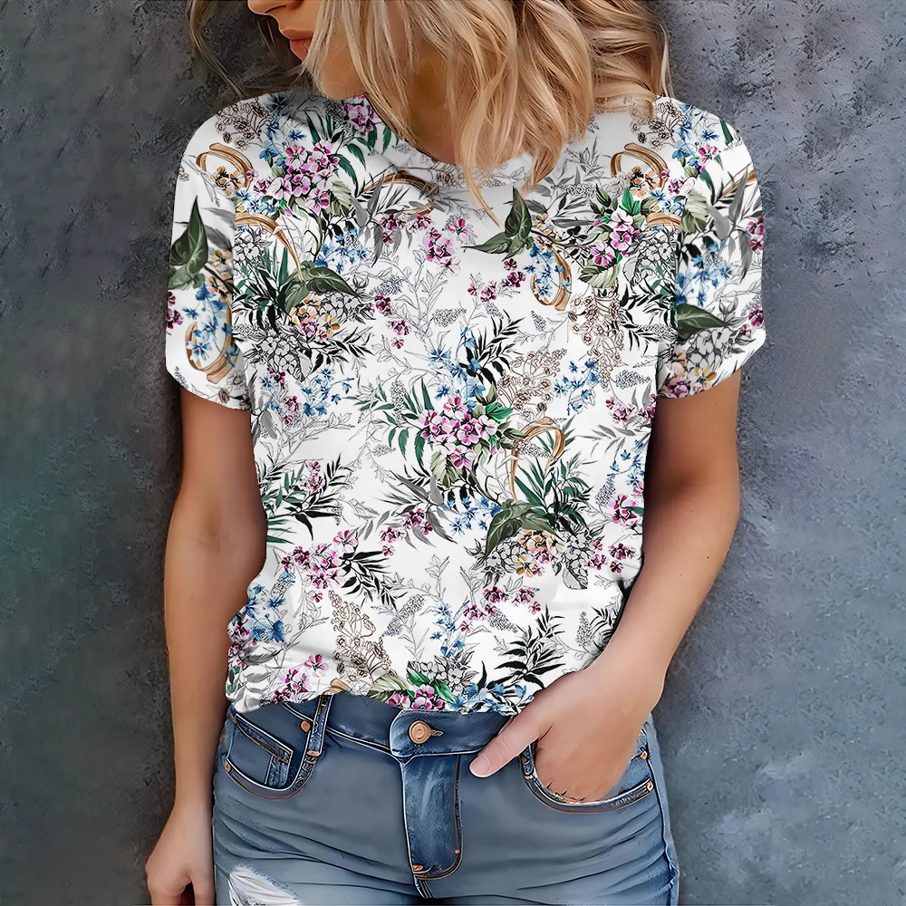 

Элегантная женская футболка с круглым вырезом и нежными цветами, полная естественной атмосферы -2025 Летняя мода Искусство Новый продукт