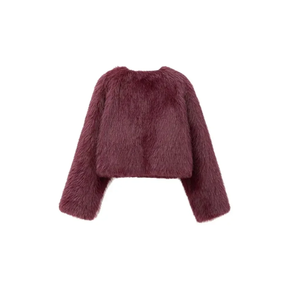 Feminino novo o pescoço manga longa outerwear chique topos outono inverno solto casual moda grosso quente pele do falso jaqueta cortada