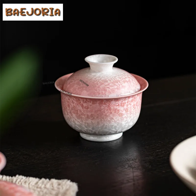 

Чайная чаша Гайвань с градиентной розовой глазурью на высокой ножке, антикварная, с крышкой, набор для приготовления чая, чайный сервиз, чайник-терриен
