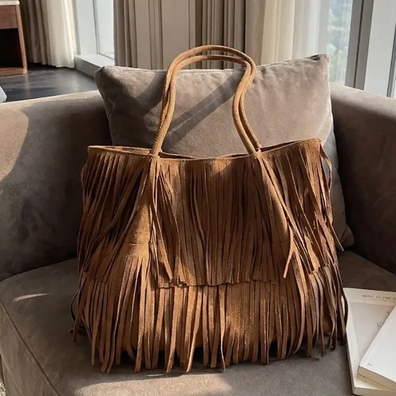

Новые винтажные женские сумки через плечо с кисточками, вместительные, из искусственной замши, в богемном стиле, большие сумки-тоут, коричневые