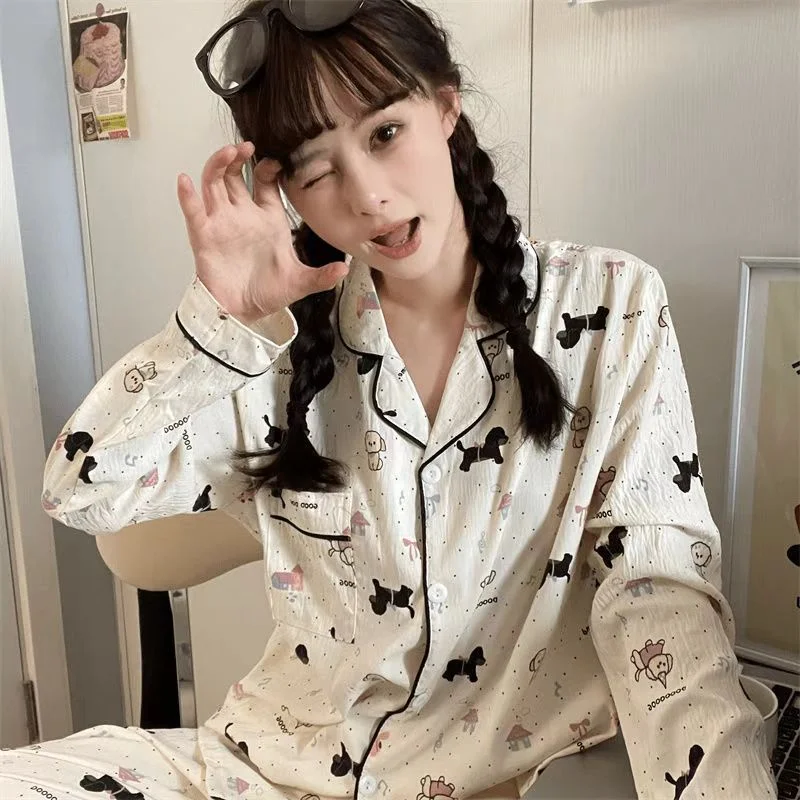 Kawaii Dot Dog Print Cartoon Cute Women\'s Pajamas Set Lapel Neck Button Design Sweet Casual Sleepwear Autumn New Pajamas Set