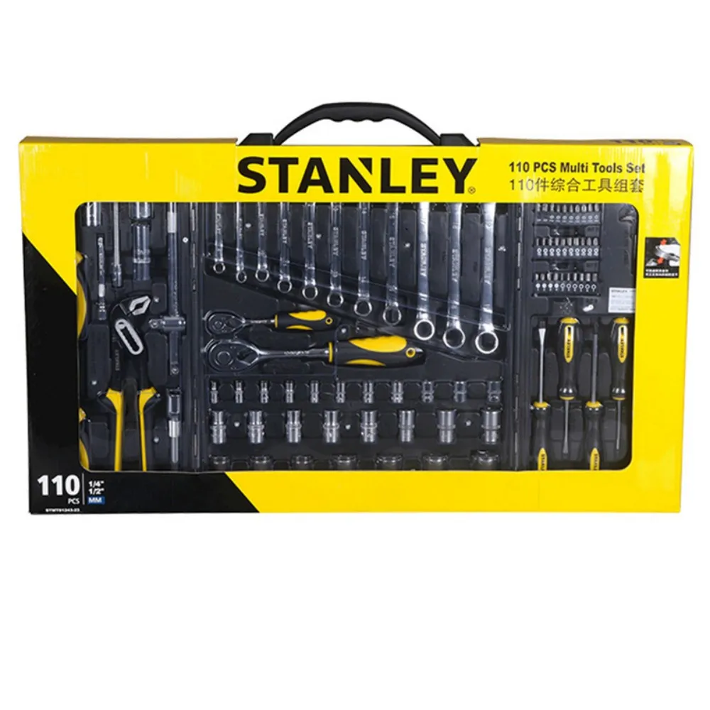 ชุดเครื่องมือช่างมืออาชีพสแตนลีย์ 110 ชิ้น ประกอบด้วยใบมีดตัด บิต ตัวล็อคแบบวงล้อ วัสดุเหล็กคุณภาพและพลาสติก