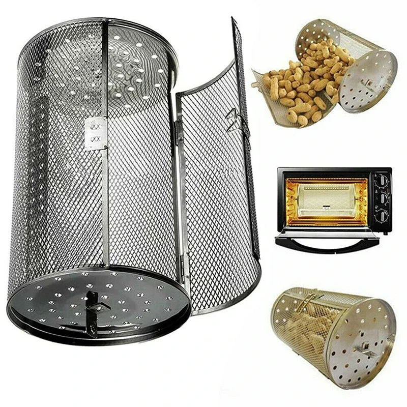 Round Rotisserie Basket BBQ Stainless Steel Smoked Mesh BBQ Drum Chili Roaster Drum Oven Mesh Roasts Cylindrical Grilling Basket