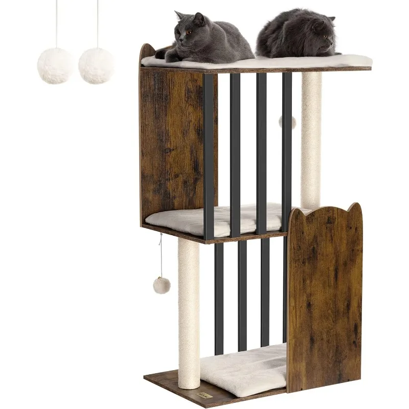 

43.8in 3-Tier Modern Cat Tree Tower Condo, Cat Scratch Posts for Indoor Cats, Big Plate, Two 19.7in Full Sisal Scratching Posts