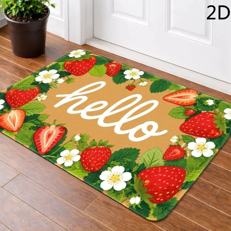 Hello Strawberry Doormat Red Fruit Daisy Floral Border Farmhouse Front Door Welcome Mat