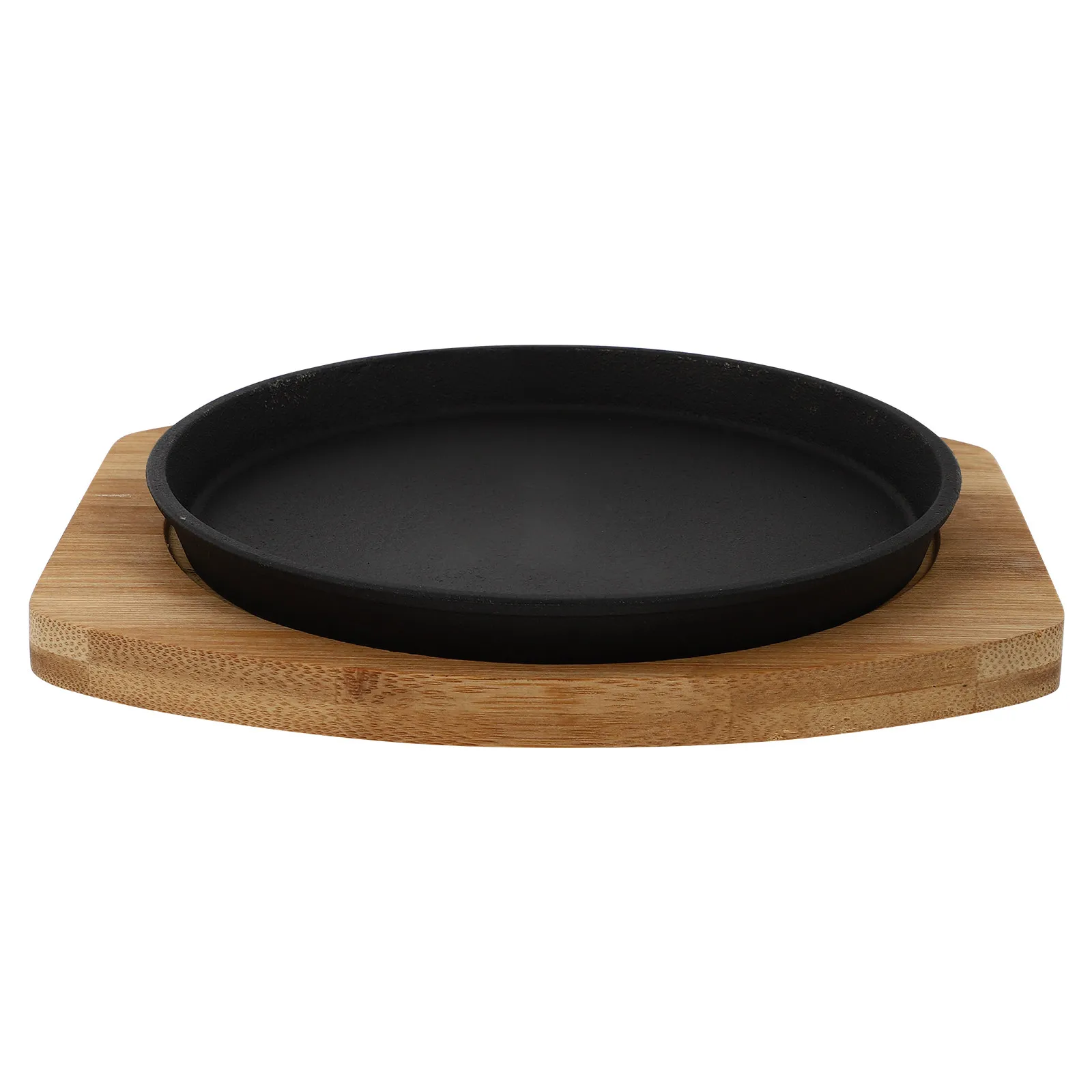 1 Juego de Plancha Redonda de Hierro Fundido de Alta Resistencia con Base de Madera para Asar Bistecs, Fajitas, Pescado y Verduras en Restaurantes