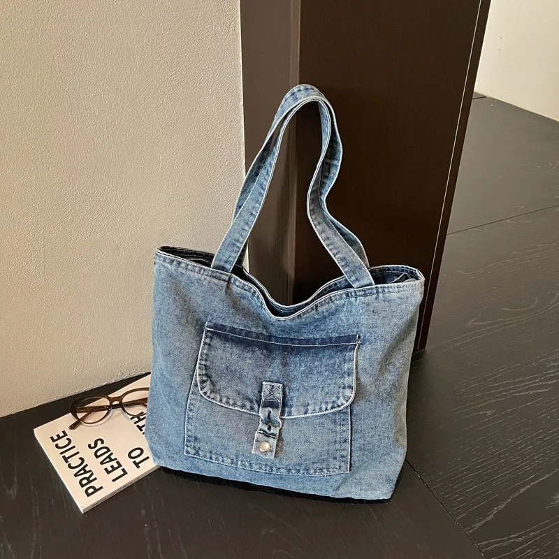 Versatile Thread Deisgn Denim Shoulder Bags for Women Casual Large Capacity Ladies Tote Bag Vintage College Students Handbags