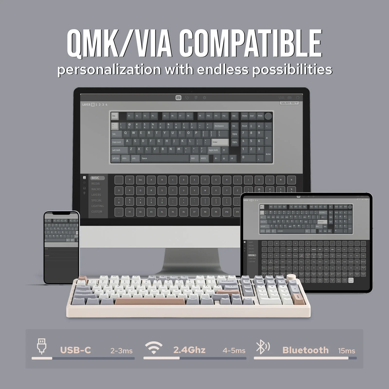 Klawiatura mechaniczna gamingowa EPOMAKER Galaxy100 1800 ANSI US Layout Hot-Swap Gasket-Mounted Tri-mode Wireless Aluminum — zdjęcie produktu 3