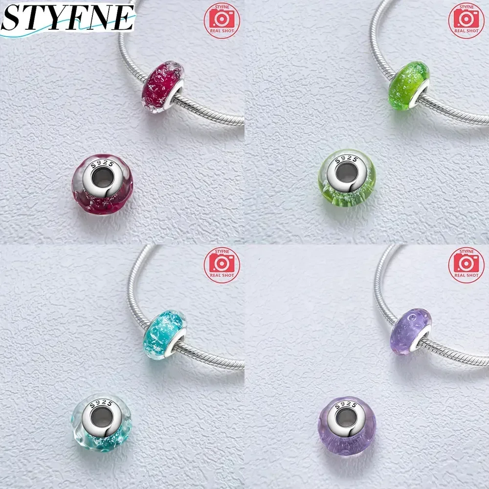 Original Sterling Silver 925 Shiny Color Mini Murano Solid Frosted Matte Glass Bead Bracelet for Women DIY Fine Jewelry Making