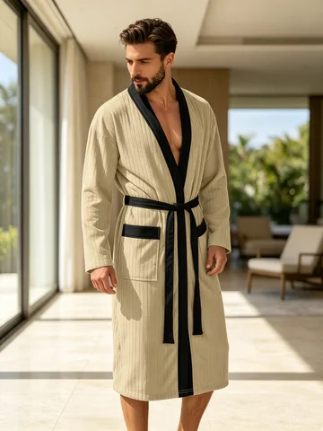Men Bathrobe Vertical Striped Kimono Robe Long Sleeve Belted Bath Gown With Pocket Loose Lounge Nightwear Home Spa Sleep Robe