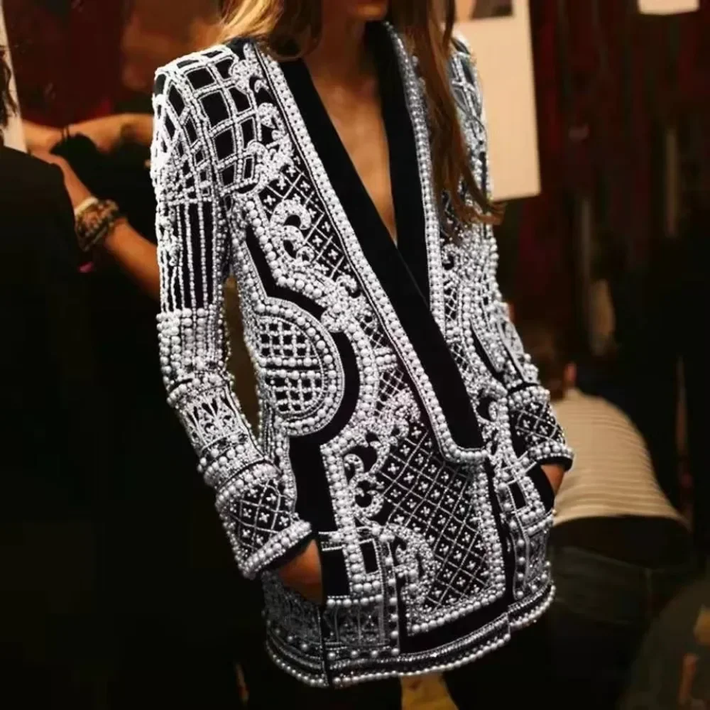 Suit Coat Women Vintage Pearls Stylish Designer Jacket Female V-neck Long Sleeve Blazers Luxurious Metallic Beaded High Street